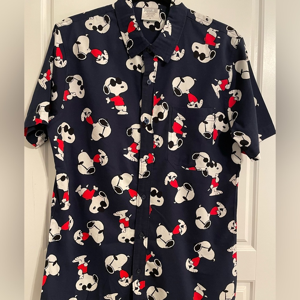 Peanuts Blue and Red Casual Button Down Shirt with Snoopy Print - Men’s - Picture 2 of 7